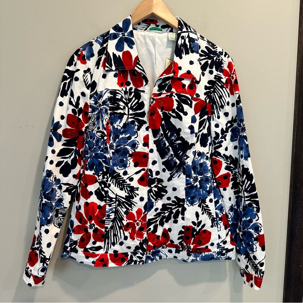 Laura Ashley Floral Red White Blue Lightweight Beaded Gem Zip Up Outdoor Jacket
